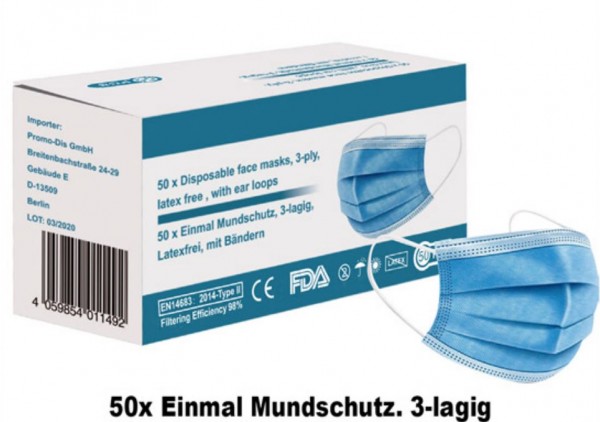 Einmal Mundschutz 3-lagig mit Bändern (50 ct.)